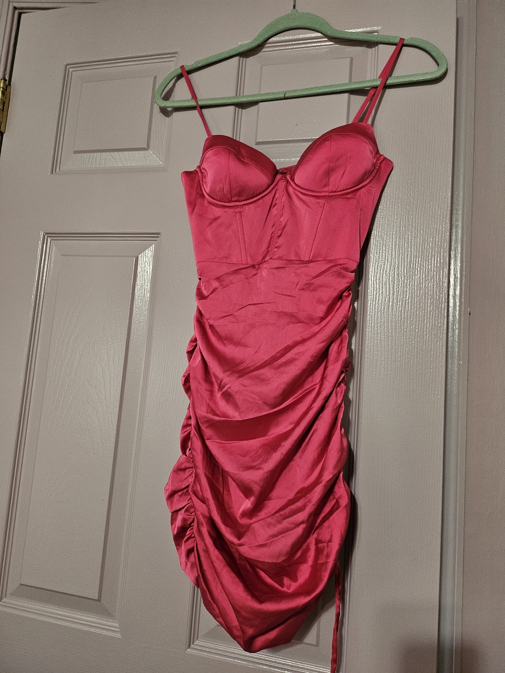 Oh Polly Hot Pink Satin Ruched Bustier Mini Dress